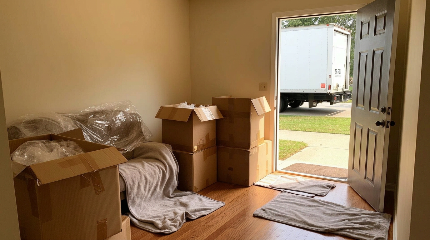 Home interior during a move with packed boxes, wrapped furniture and a white 26-foot moving truck outside